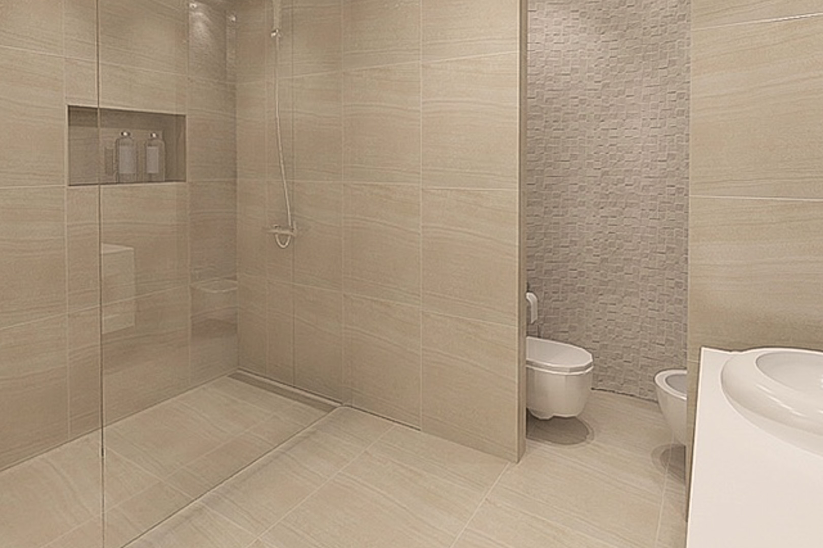 Salle de bain moderne avec douche à l'italienne, paroi vitrée et niche intégrée. Carrelage en grès cérame tons sable et mur d'accent en mosaïque texturée.