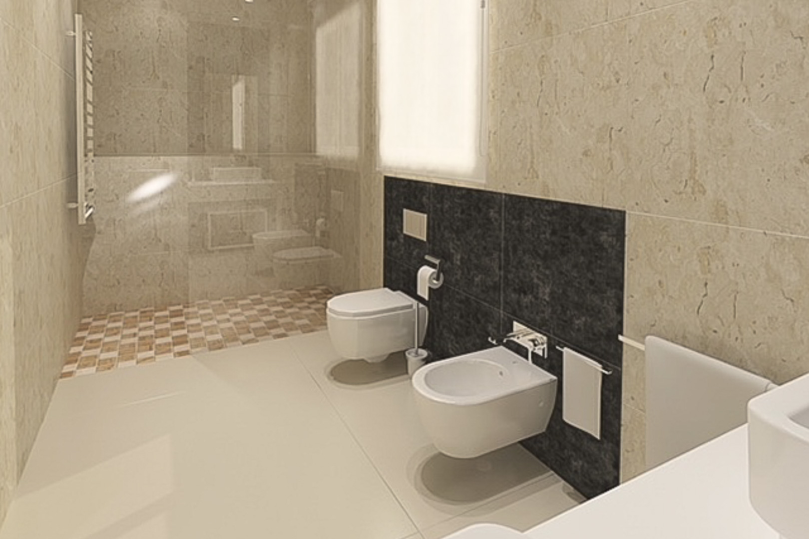 Salle de bains moderne avec WC et bidet suspendus sur mur contrasté, douche à l'italienne au sol mosaïque et carrelage mural effet marbre élégant.