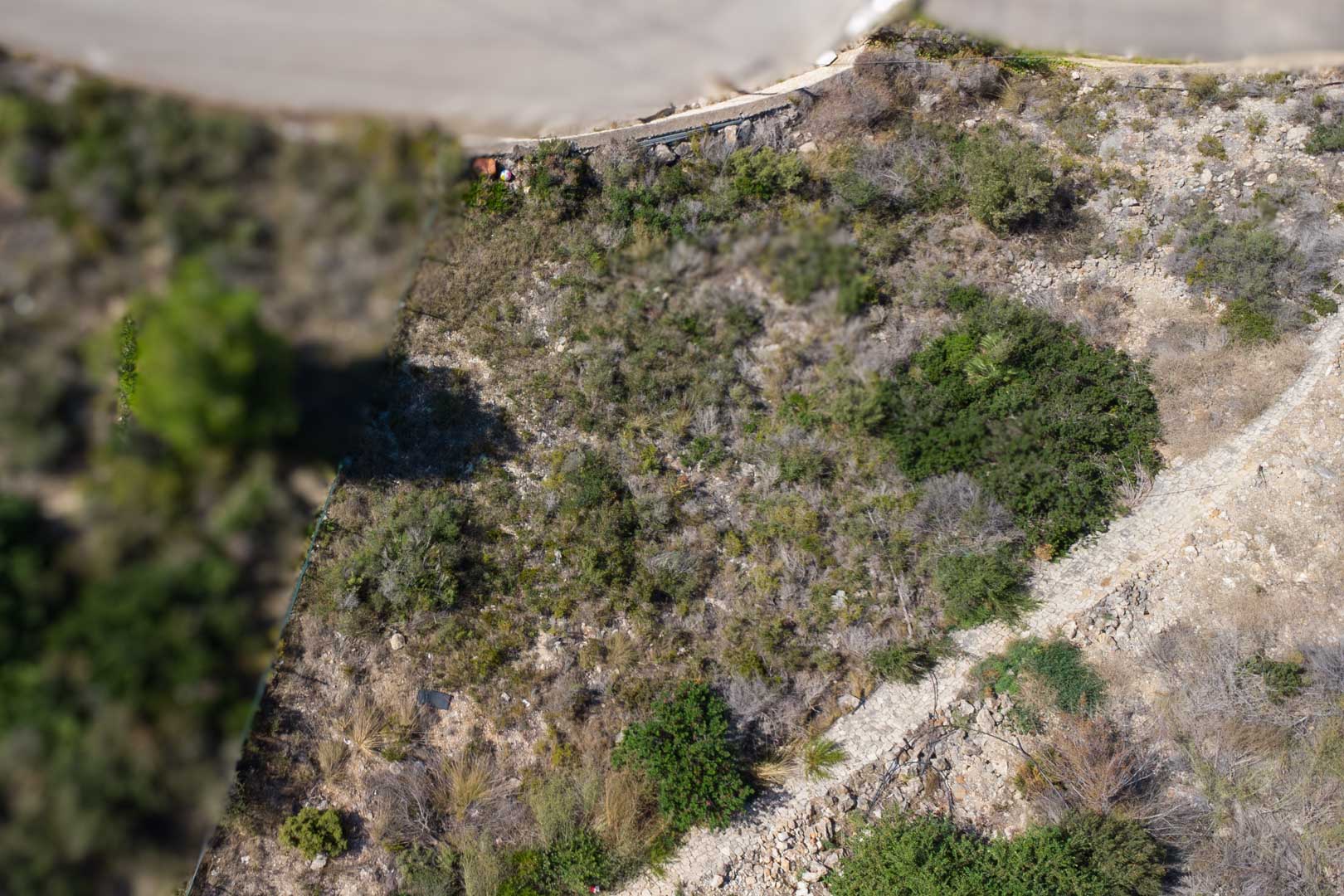 Vue aérienne du terrain urbain en pente avec sa végétation méditerranéenne indigène, son sol rocheux et son sentier de bordure en pierre.