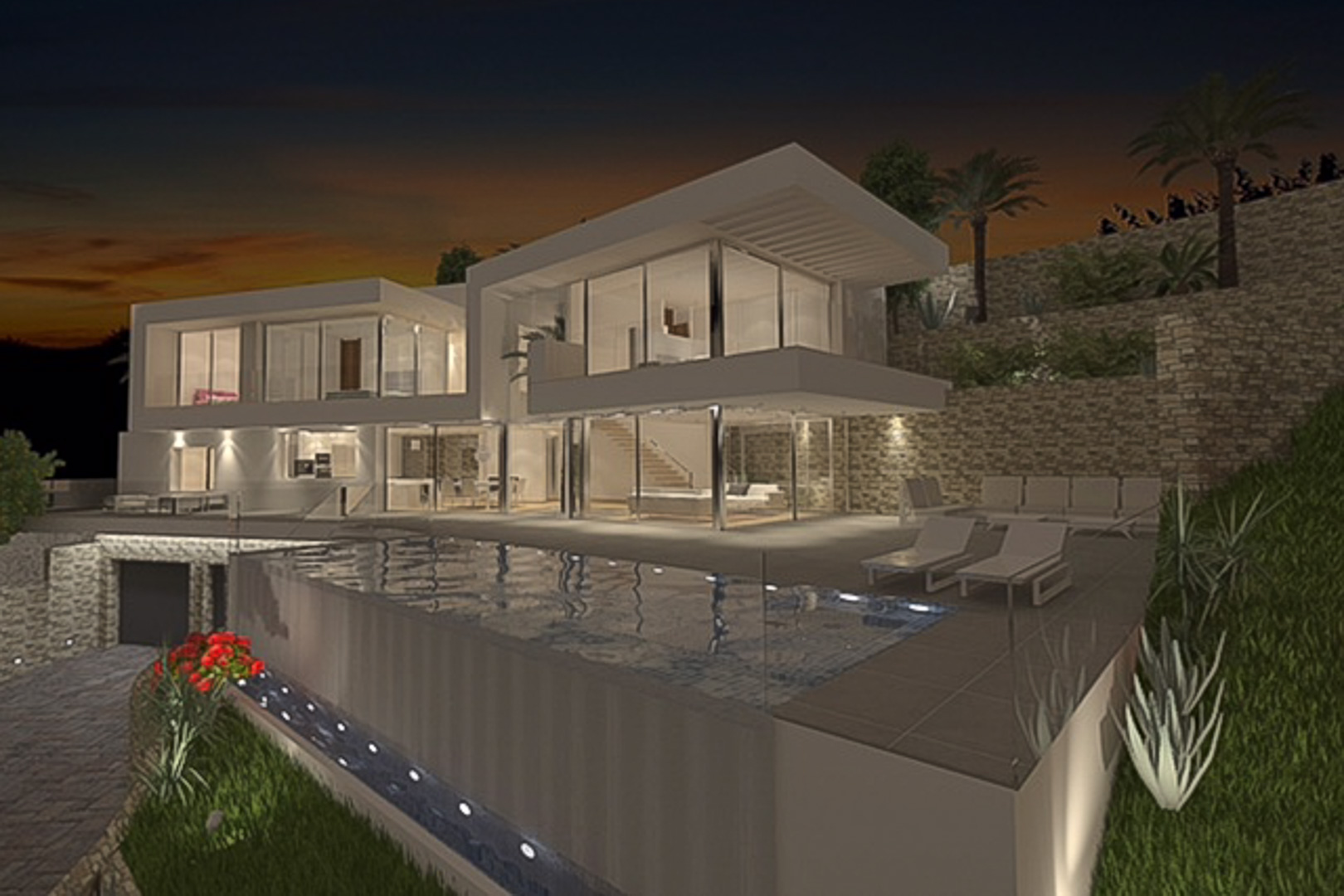 Vue nocturne du projet de villa moderne avec piscine à débordement, grandes baies vitrées et murs de soutènement en pierre naturelle.