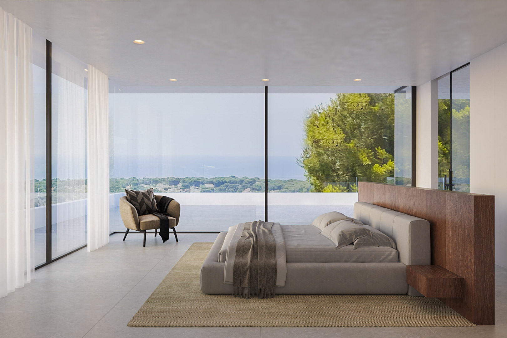 Chambre principale avec baies vitrées toute hauteur offrant une vue mer, tête de lit en bois intégrée et éclairage encastré dans un style contemporain.