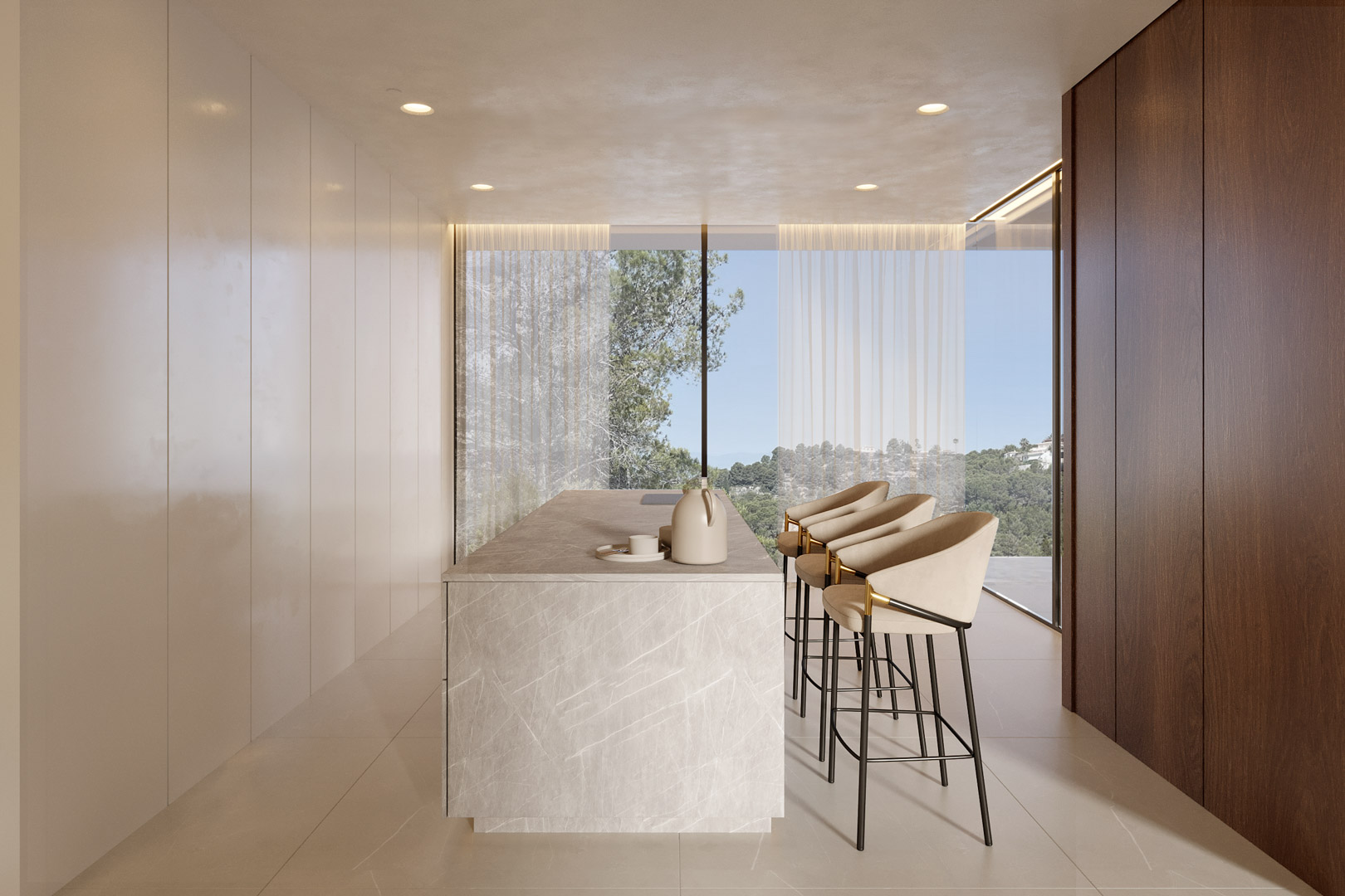 Cuisine minimaliste avec îlot en pierre, tabourets design et grandes baies vitrées offrant une vue panoramique sur la nature environnante.
