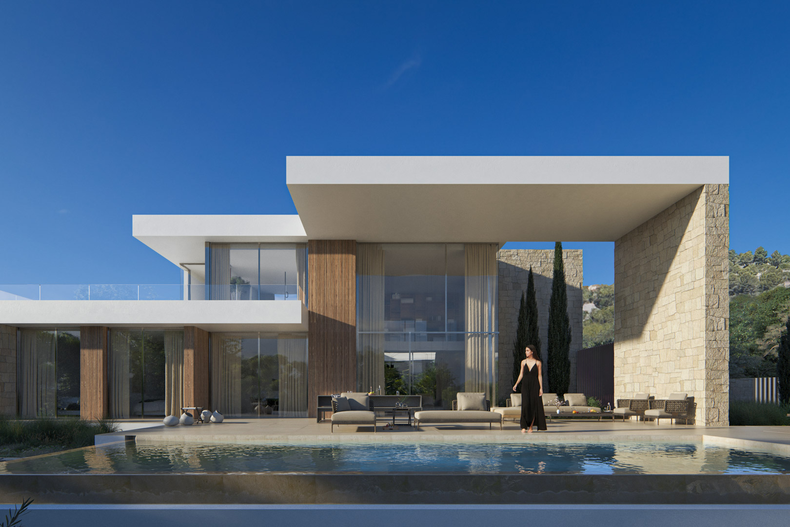 Façade contemporaine avec piscine à débordement, grand porche en porte-à-faux et parements en pierre naturelle et bois. De larges baies vitrées relient l'intérieur à la terrasse.