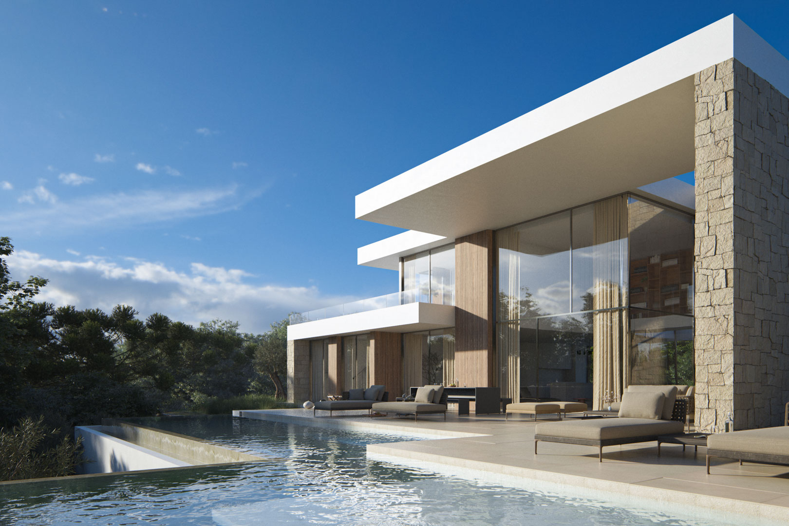 Façade contemporaine avec piscine à débordement sur plusieurs niveaux, murs en pierre naturelle et grandes baies vitrées ouvrant sur une vaste terrasse ensoleillée.