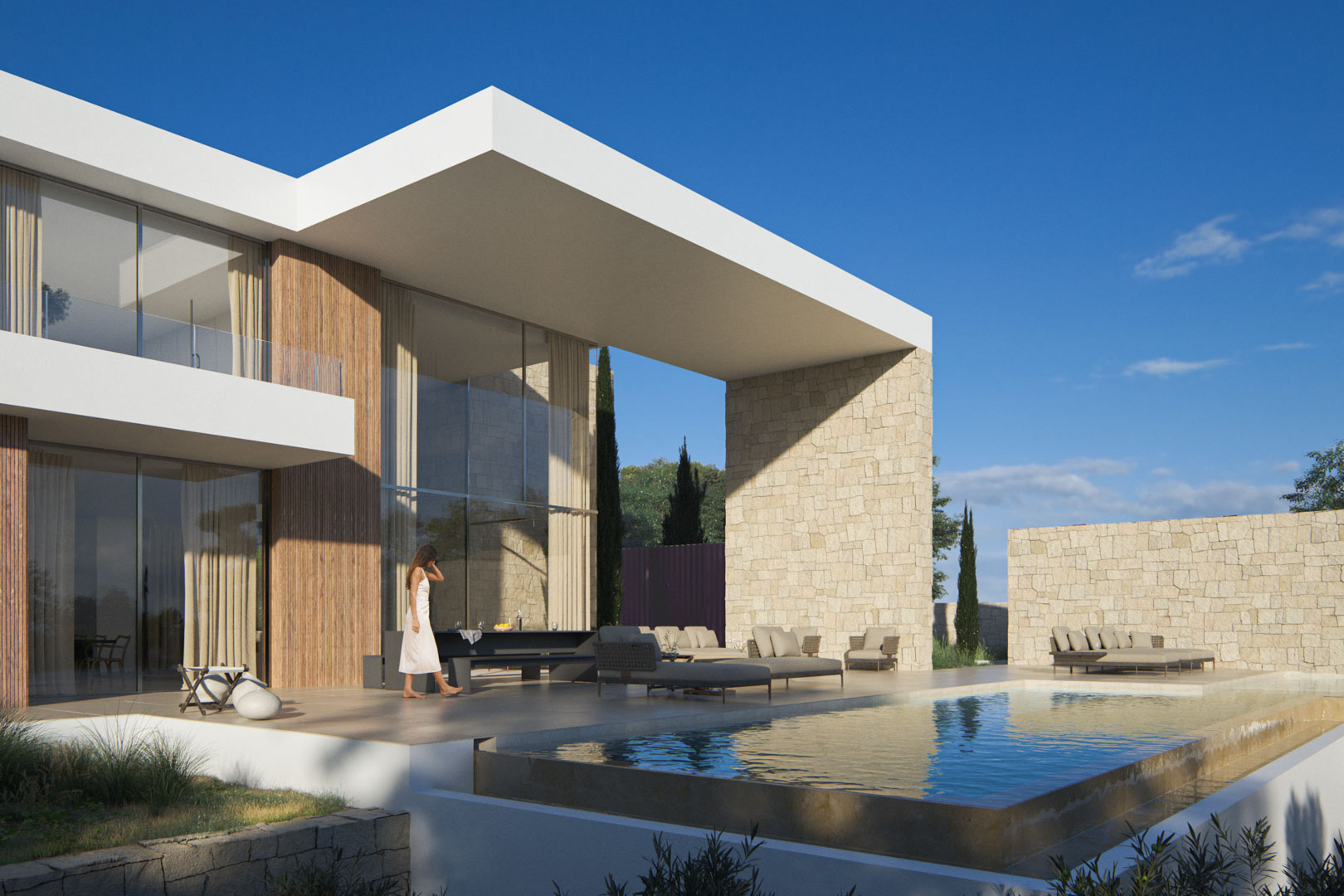 Façade extérieure avec porche en porte-à-faux, murs en pierre naturelle et piscine à débordement. De grandes baies vitrées relient le salon à la terrasse ensoleillée.