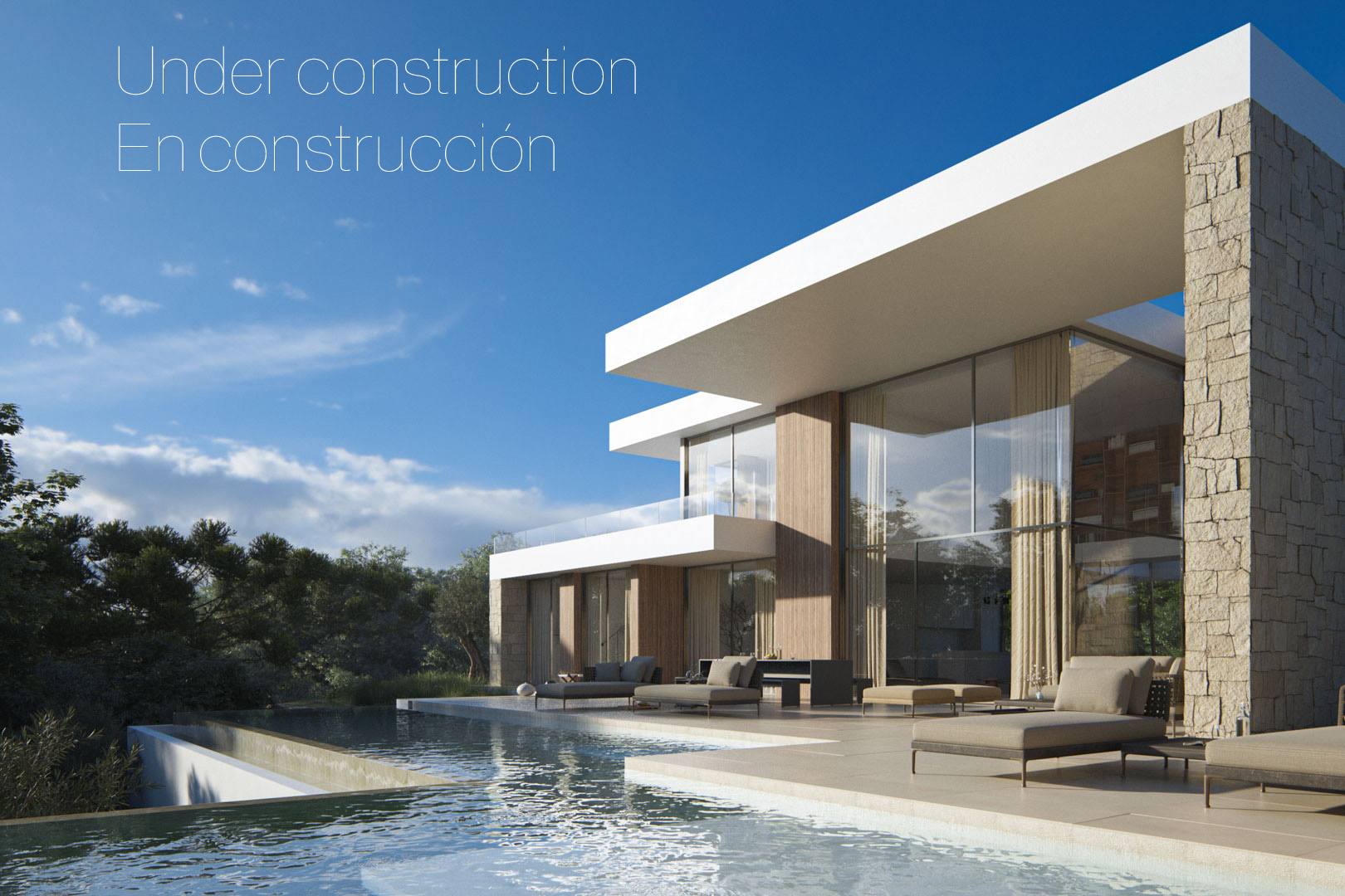 Façade extérieure de la villa avec piscine à débordement, grandes baies vitrées toute hauteur et murs en pierre naturelle au design contemporain.