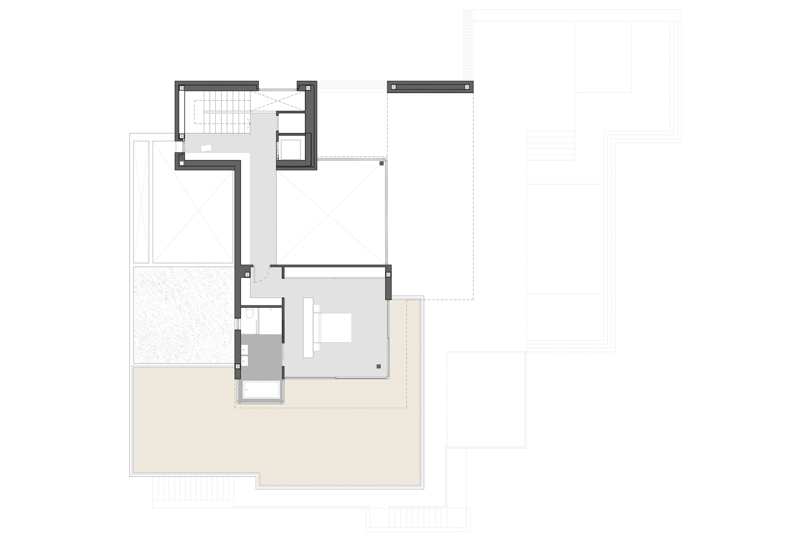 Plan technique de l'étage supérieur illustrant la suite parentale avec salle de bain privée et une vaste terrasse en L optimisant les vues panoramiques.