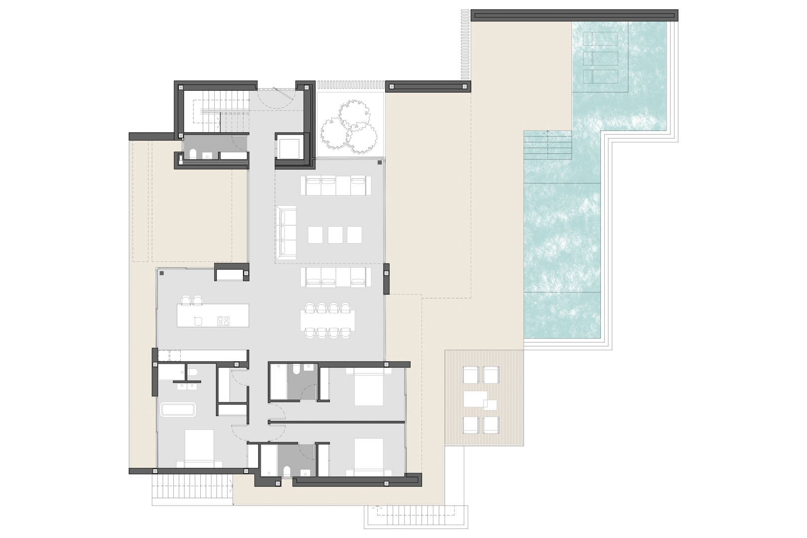 Plan technique du rez-de-chaussée détaillant le salon-salle à manger, l'îlot de cuisine, trois chambres et la terrasse extérieure avec piscine à débordement.