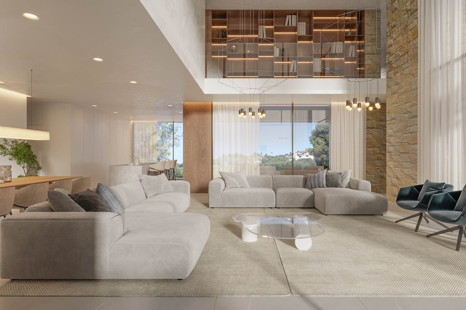 Salon à aire ouverte avec plafonds à double hauteur, mur en pierre naturelle et baies vitrées. Comprend un mobilier contemporain et une bibliothèque intégrée avec éclairage LED.