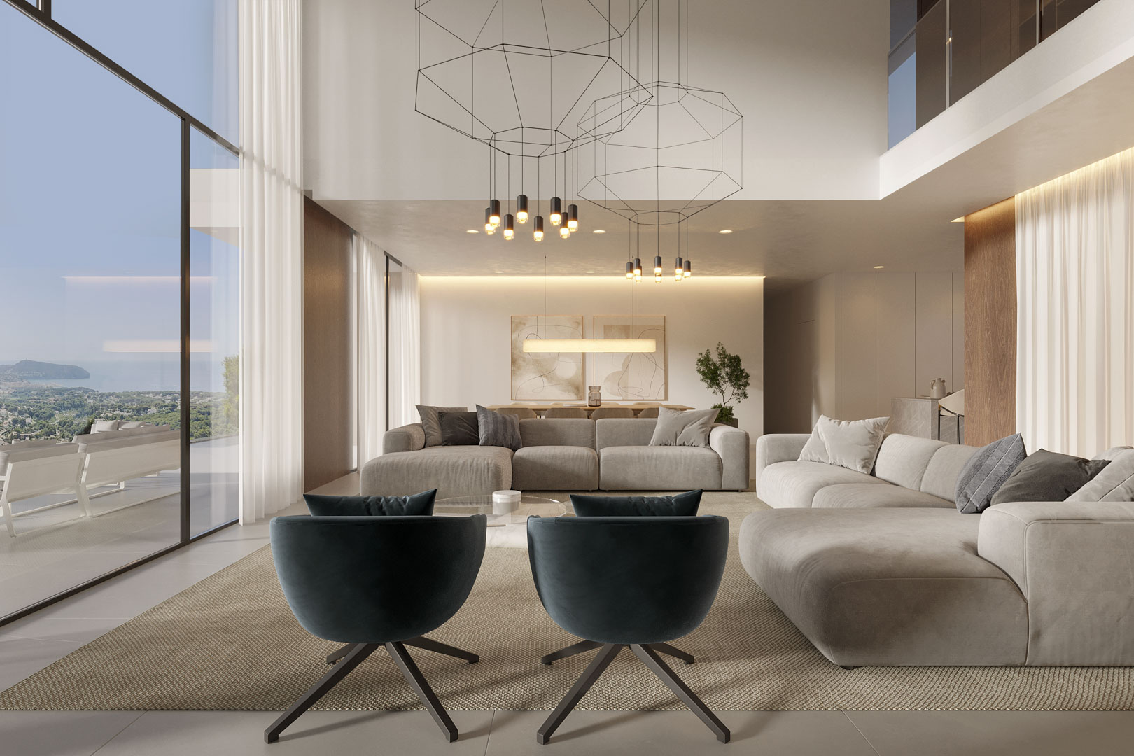 Salon spacieux à double hauteur avec baies vitrées panoramiques, luminaires géométriques et mobilier élégant aux textures naturelles et tons sobres.
