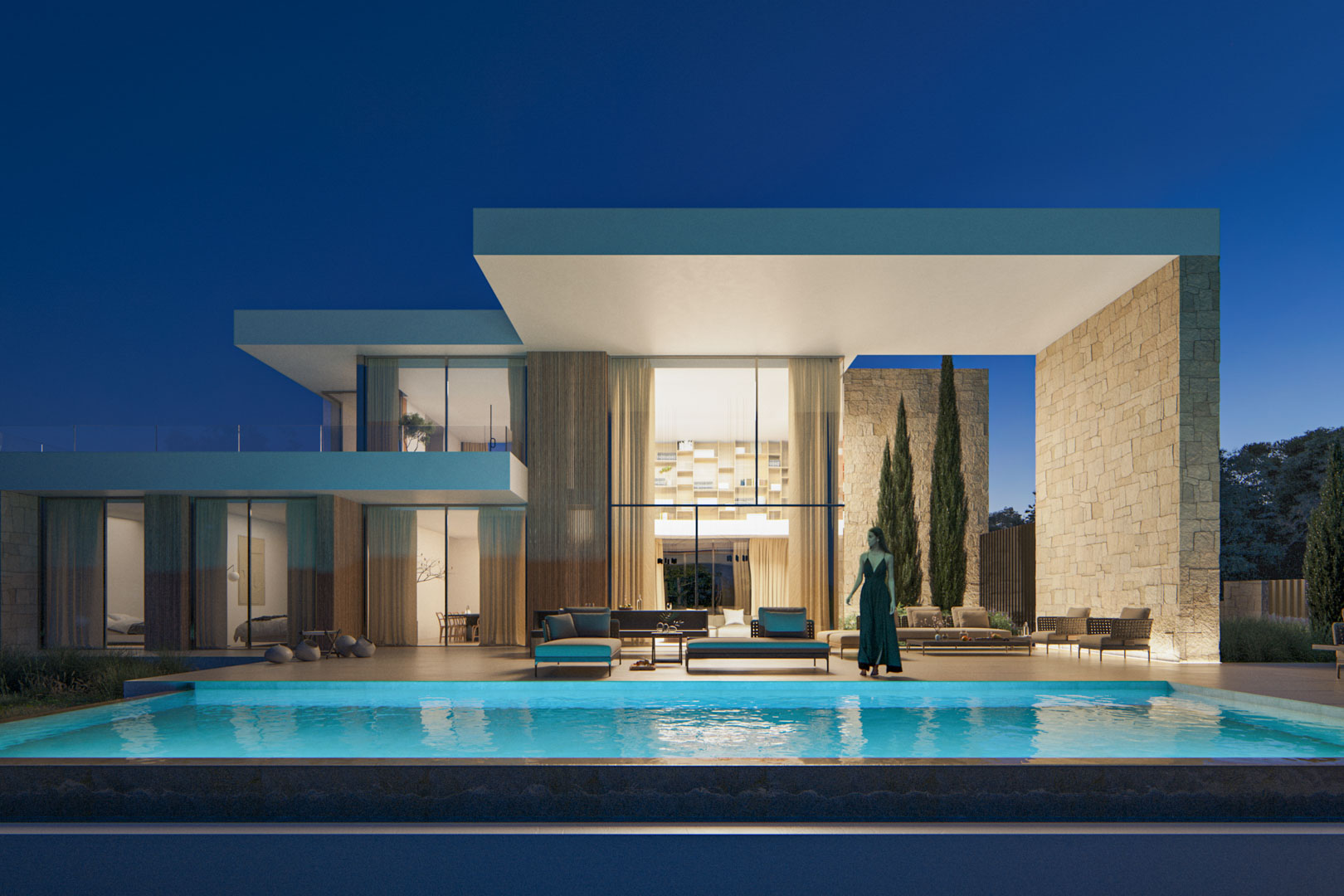 Vue extérieure nocturne avec piscine à débordement éclairée, façades vitrées à double hauteur et murs en pierre naturelle au design contemporain.