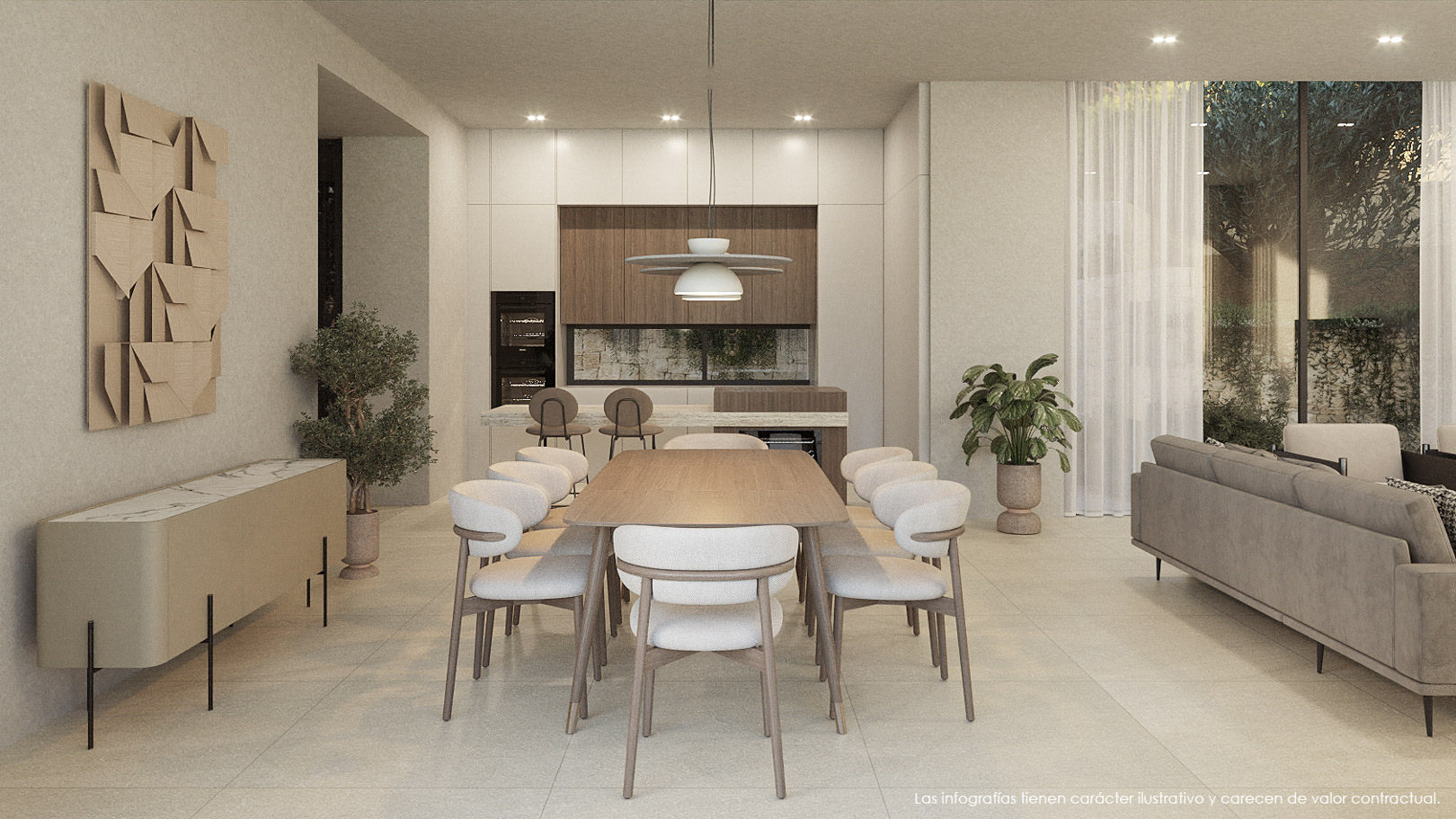 Espace de vie ouvert comprenant une salle à manger en bois, une cuisine moderne aux finitions épurées et de larges baies vitrées apportant une lumière naturelle abondante.