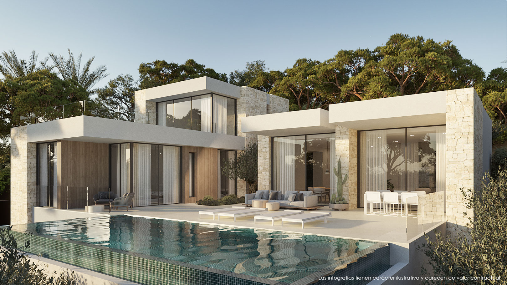 Extérieur moderne en pierre naturelle et bois, comprenant une piscine à débordement et une vaste terrasse avec salon et salle à manger d'été.