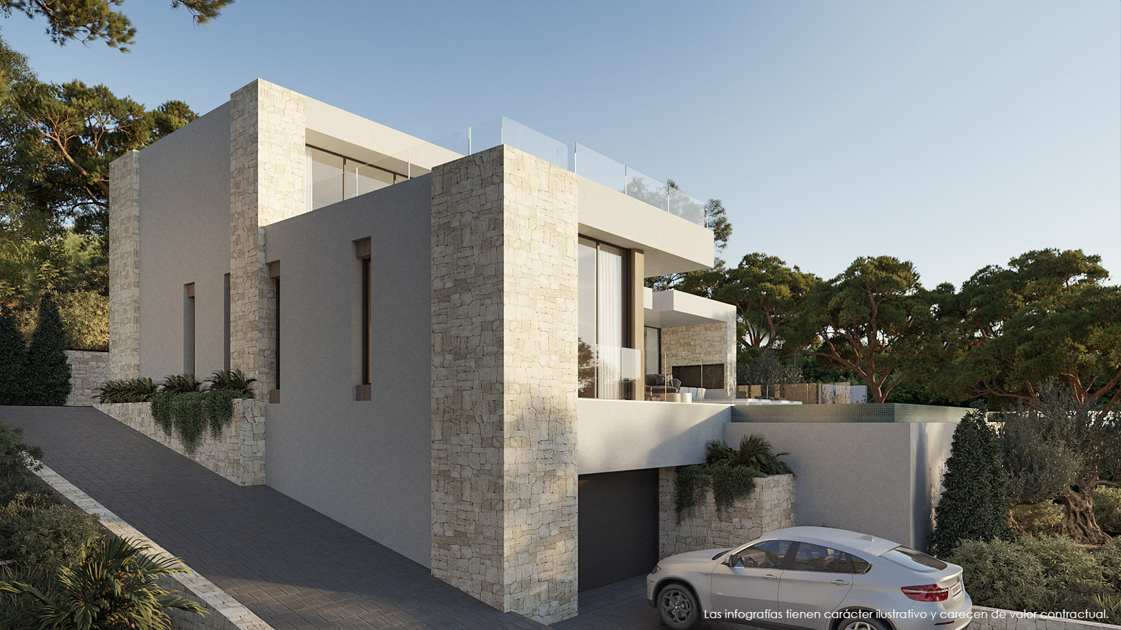 Façade moderne alliant pierre naturelle et larges baies vitrées, avec un accès au garage privé et des garde-corps en verre épurés.