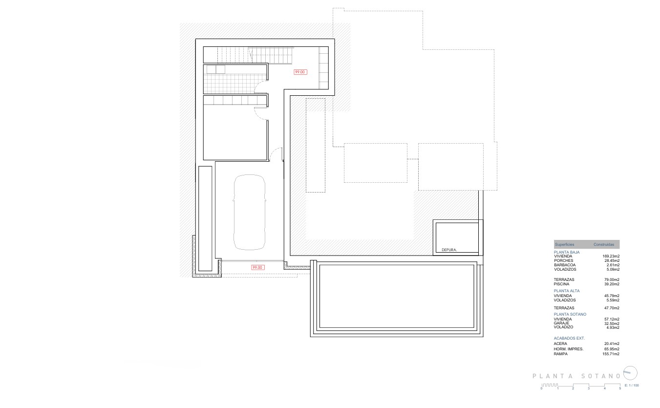 Plan technique du sous-sol illustrant le garage privé, le local technique et la buanderie, accompagné du tableau des surfaces construites.