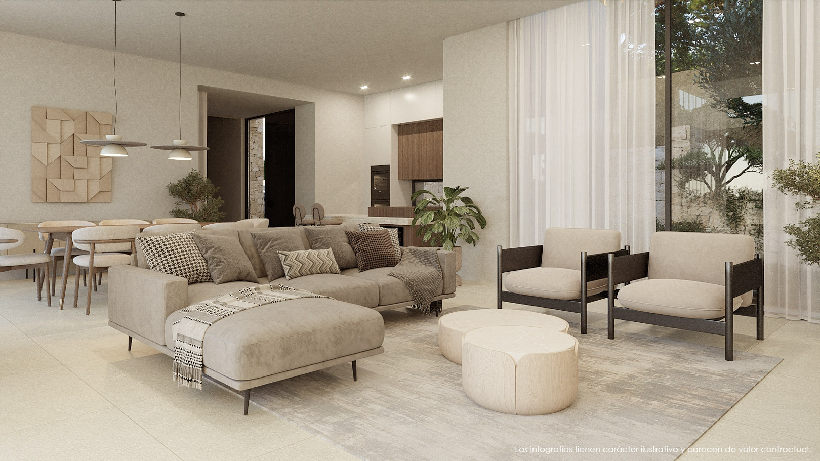 Salon à aire ouverte avec mobilier contemporain aux tons neutres, grandes baies vitrées avec rideaux voilages et sol en grès cérame grand format.