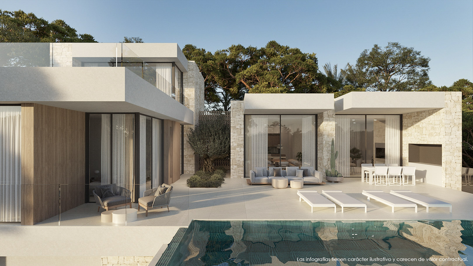Vue de la terrasse principale avec piscine, murs en pierre naturelle et baies vitrées minimalistes. Comprend des espaces salon et repas extérieurs bordés de pins.