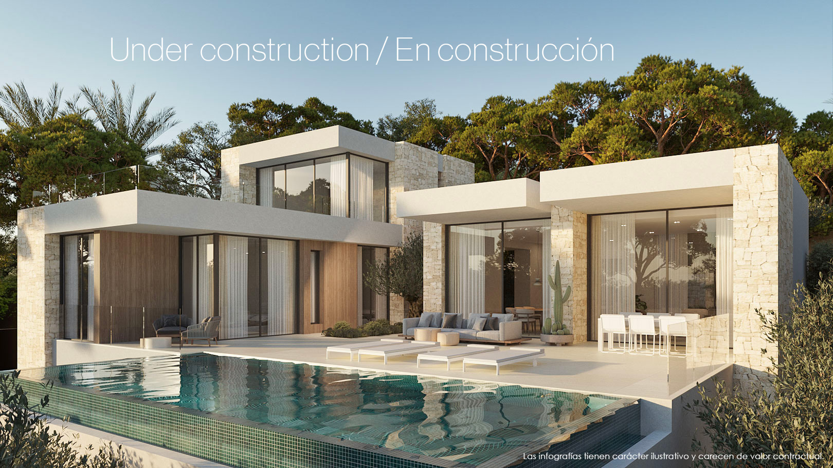 Vue extérieure de la villa avec façades en pierre naturelle et bois, mettant en valeur la piscine à débordement et la vaste terrasse parmi les pins.