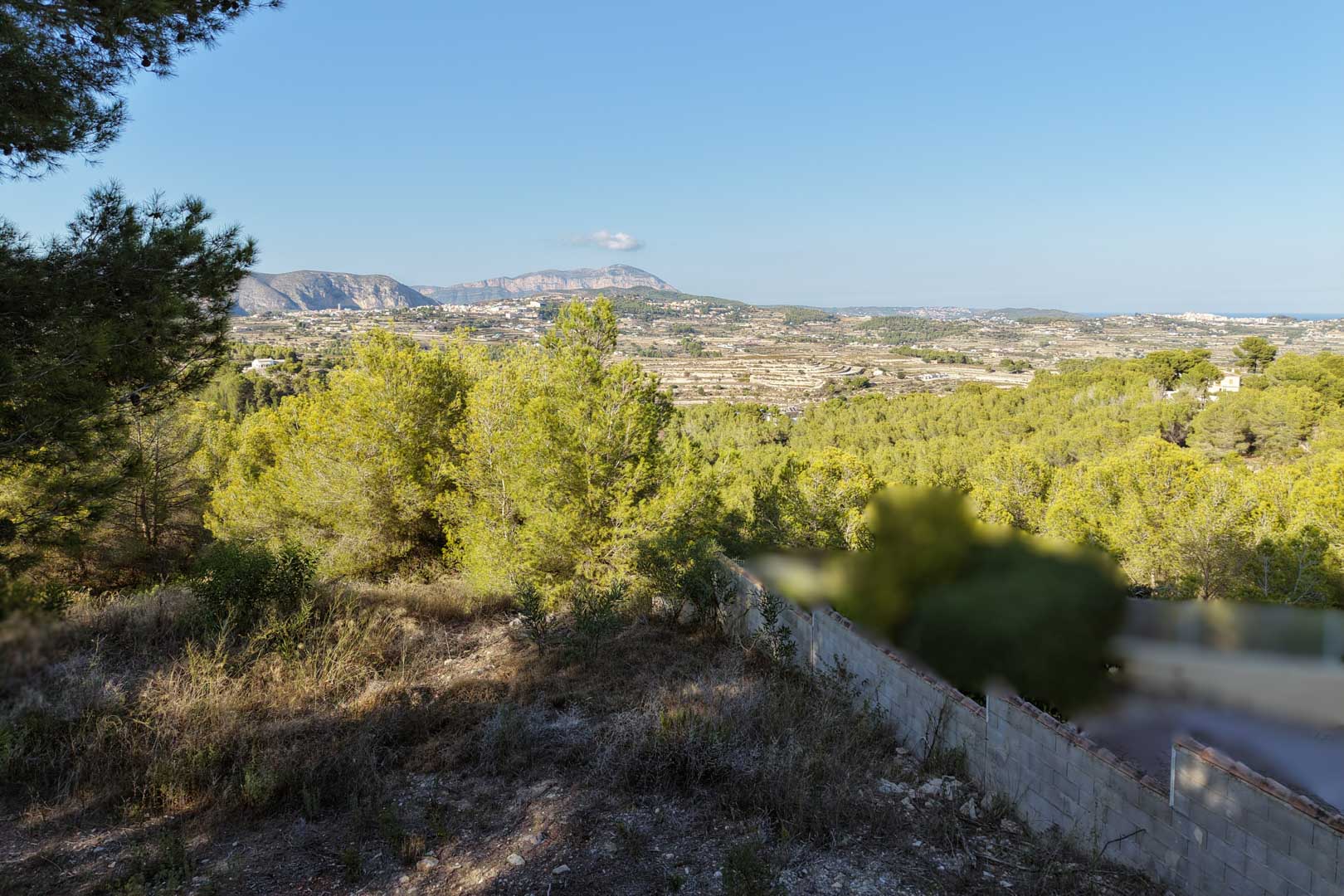Vue panoramique depuis le terrain surélevé sur la vallée de Moraira, mettant en valeur la forêt de pins et les montagnes lointaines par temps clair.