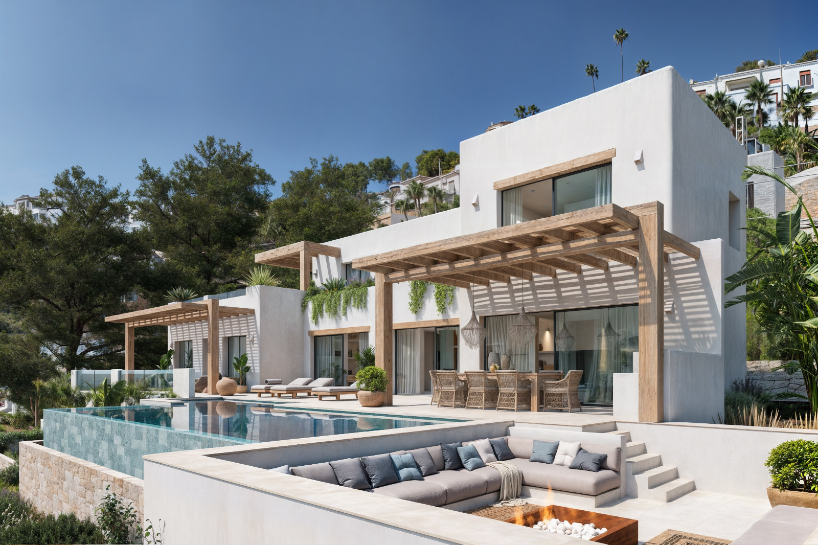 Extérieur de villa de style ibizien avec façades blanches, pergolas en bois, piscine à débordement et salon d'été encastré avec foyer extérieur.