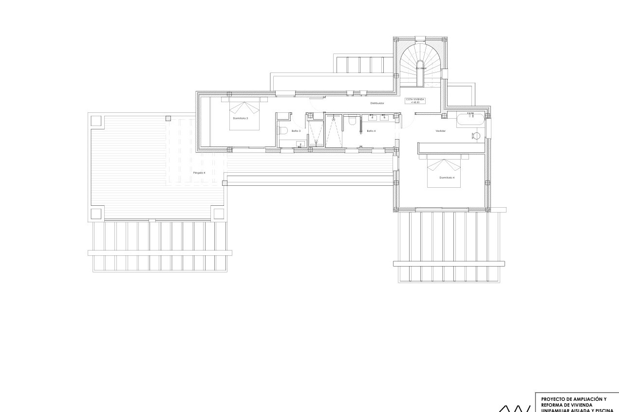 Plan technique de l'étage supérieur détaillant la suite parentale avec dressing, une chambre, des salles de bains privatives et de grandes terrasses avec pergolas.