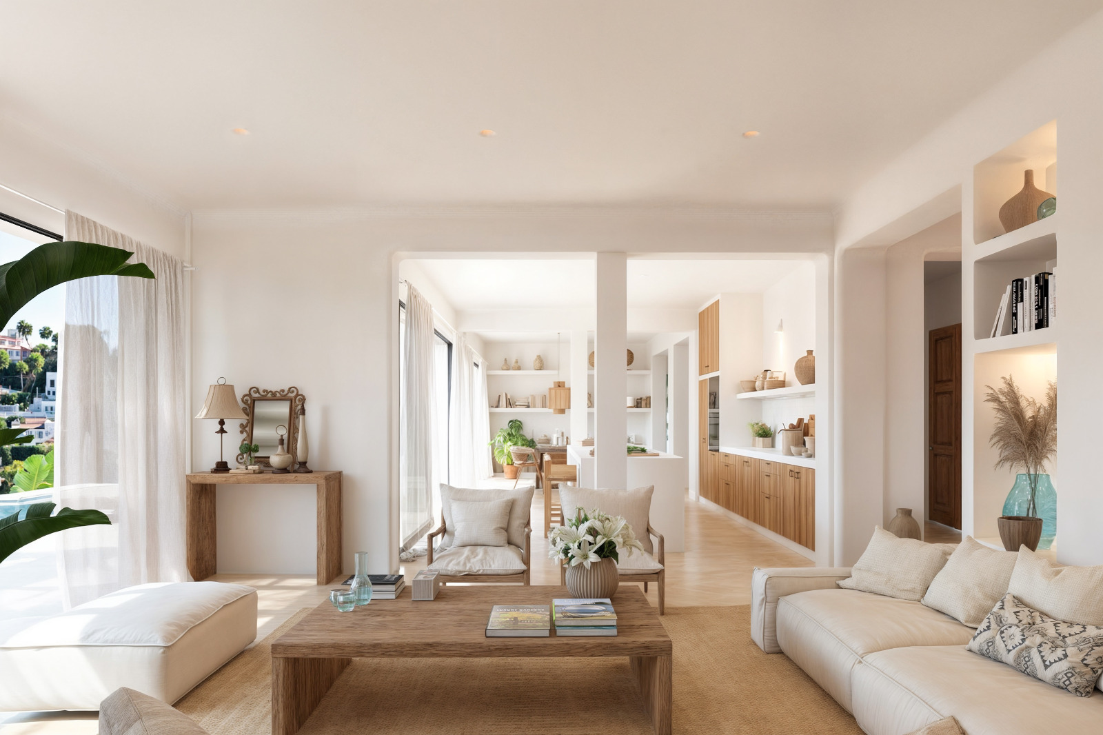 Salon à aire ouverte avec murs en plâtre blanc, mobilier en bois naturel et étagères intégrées. L'espace s'ouvre sur la cuisine et la salle à manger baignées de lumière naturelle.