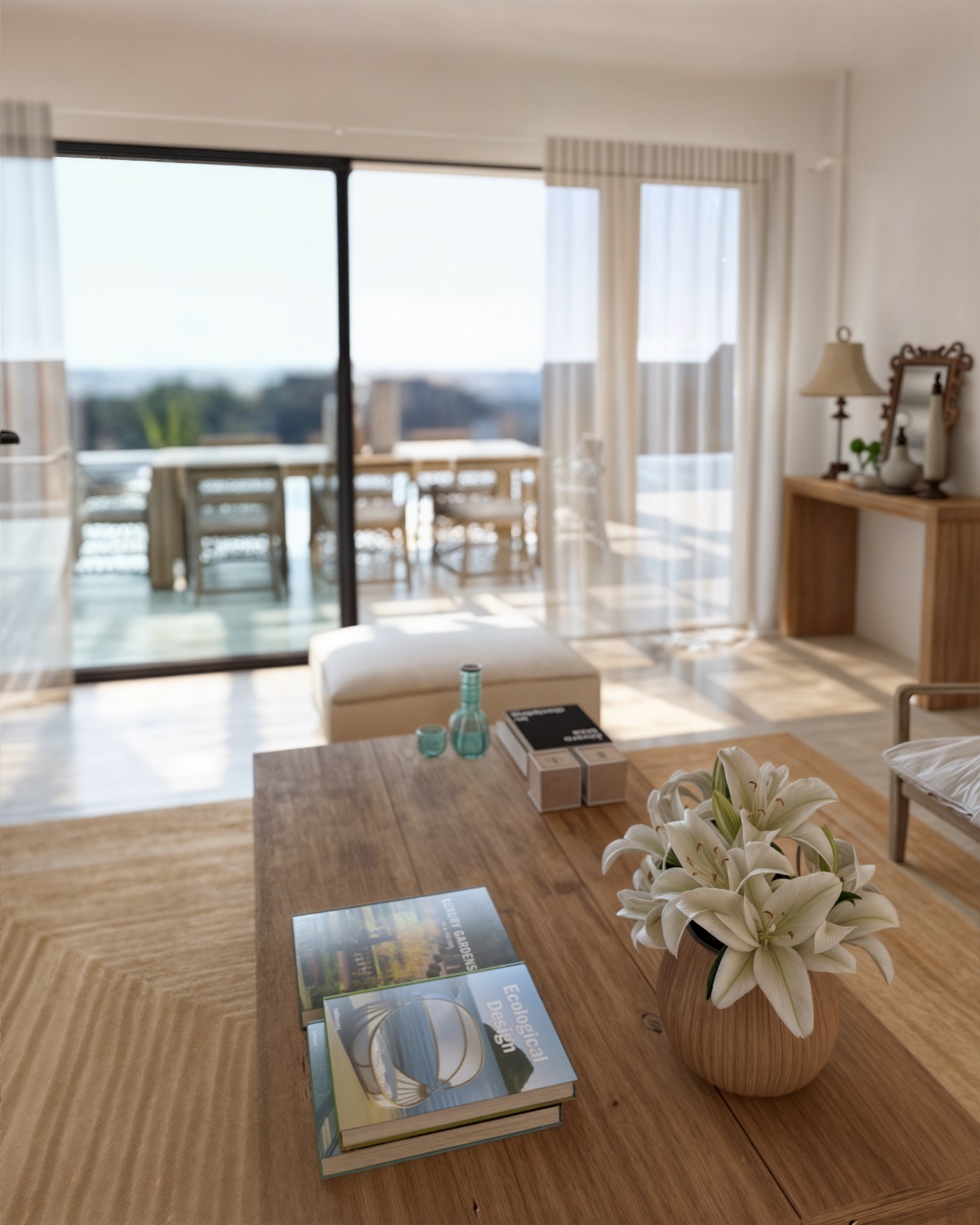 Salon de style ibizien avec table en bois naturel et grandes baies vitrées TECHNAL ouvrant sur une terrasse extérieure avec vue panoramique sur la mer.