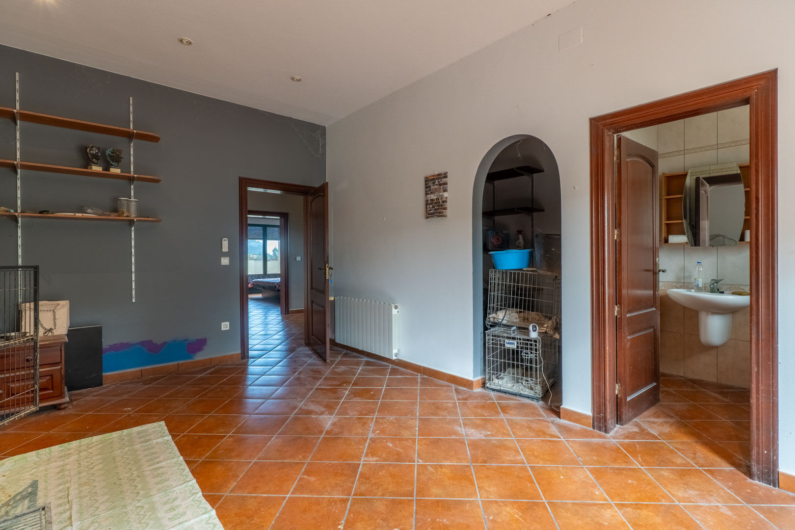 Hall de distribution avec sol en terre cuite, murs contrastés gris et blanc, desservant une salle de bain et un espace de rangement via une ouverture en arche.