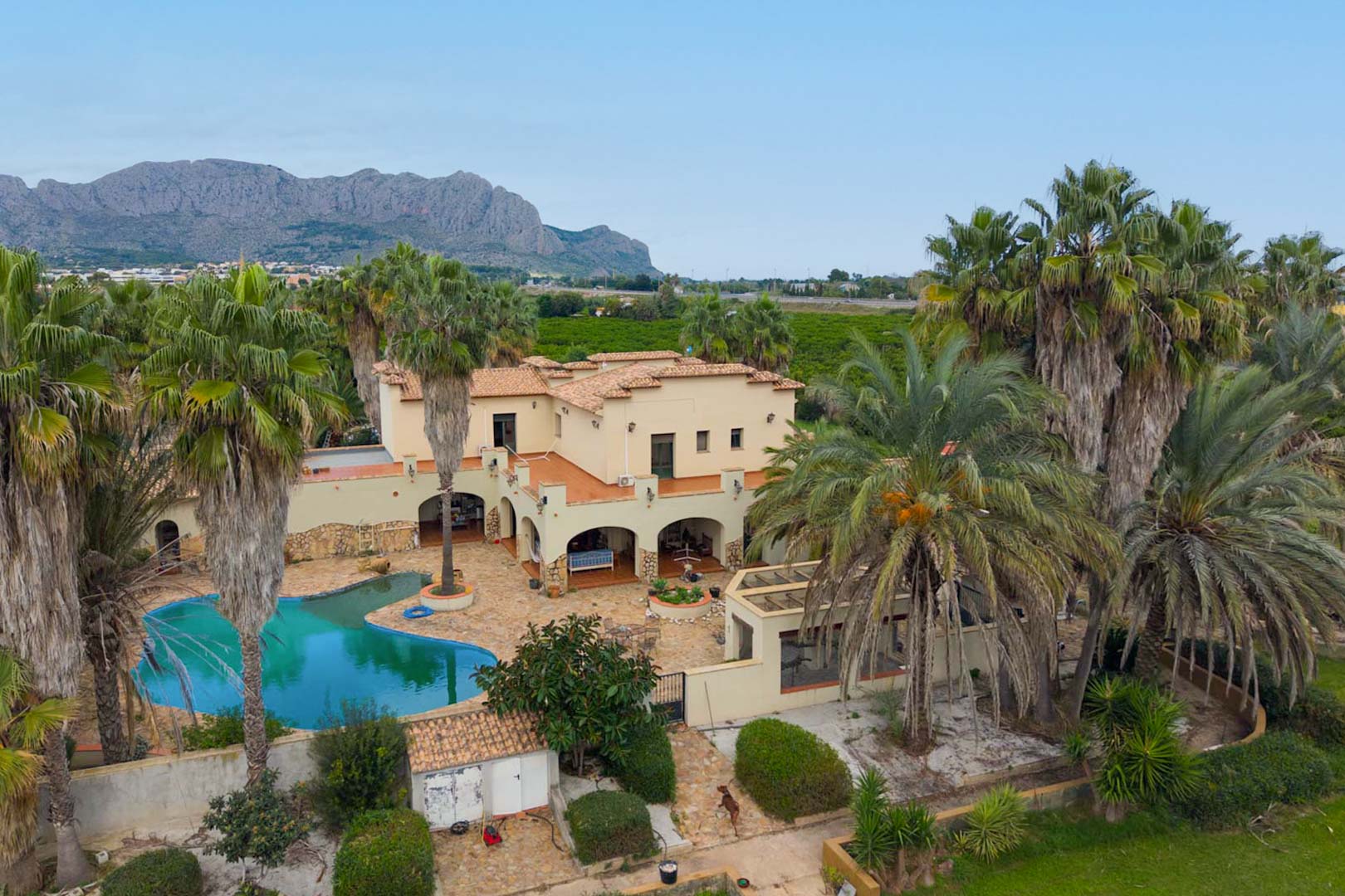 Vue aérienne du domaine méditerranéen avec piscine de forme libre, terrasses à arcades et palmeraie luxuriante face à la Sierra de Segaria.
