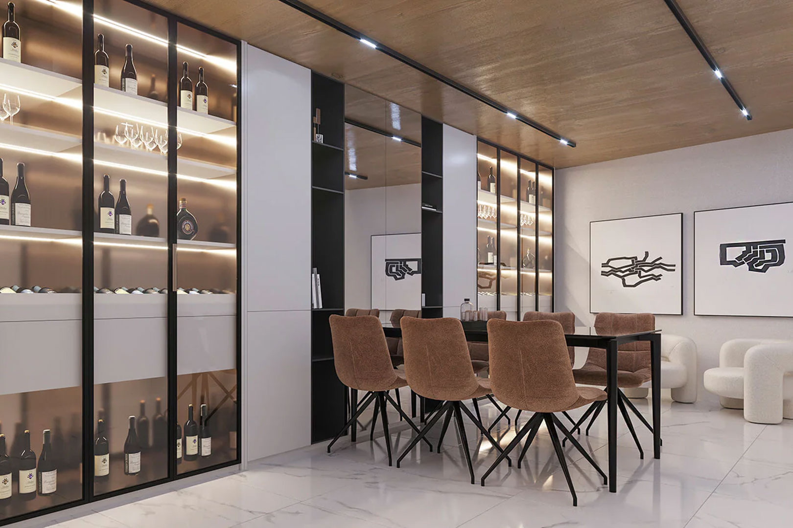 Cave à vin design avec vitrines rétroéclairées, table de salle à manger minimaliste et sol en marbre. Plafond boisé avec éclairage technique intégré.