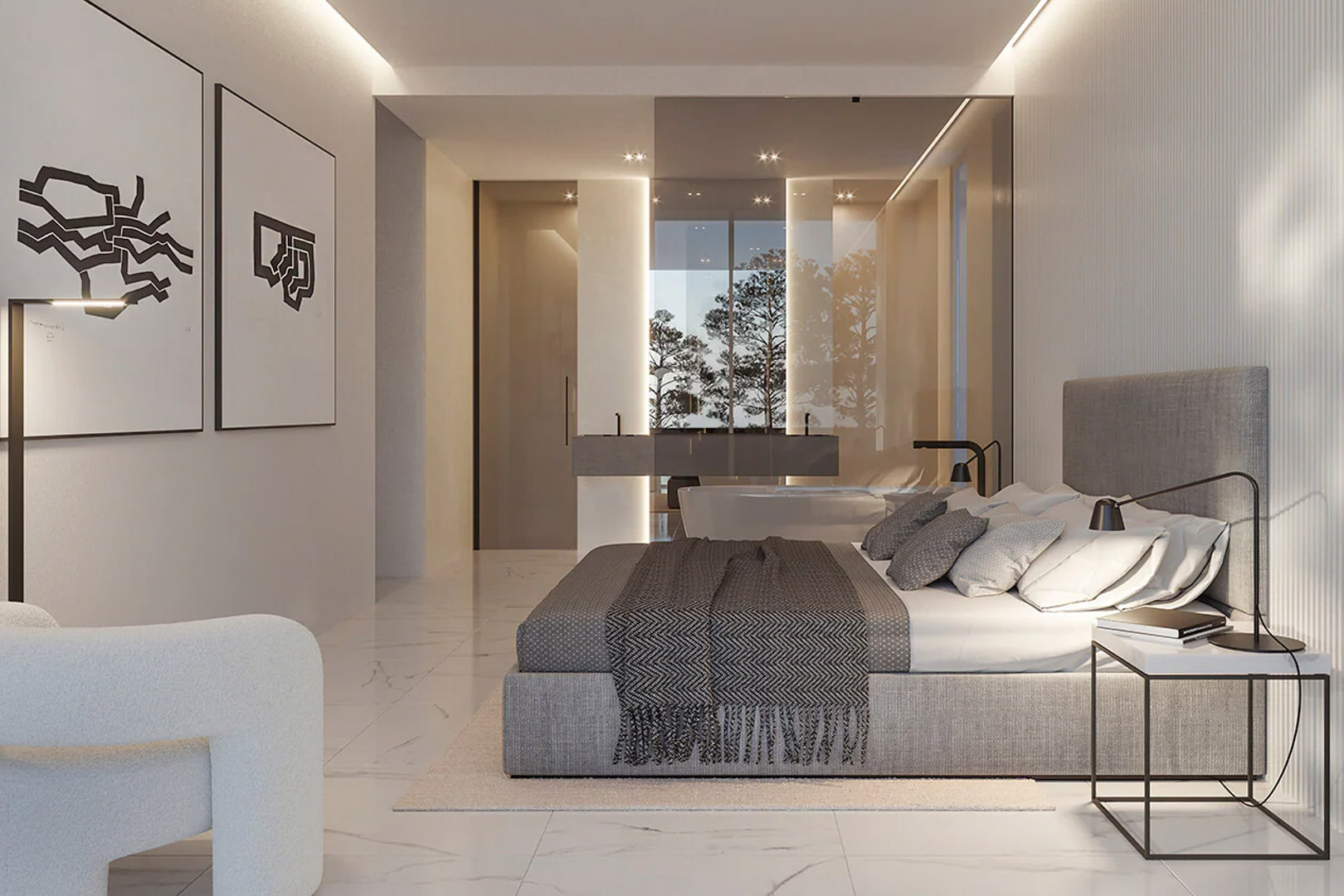 Chambre principale avec salle de bain intégrée, cloisons en verre et sol en marbre. Elle dispose d'une baignoire îlot et d'un double lavabo suspendu face à la nature.