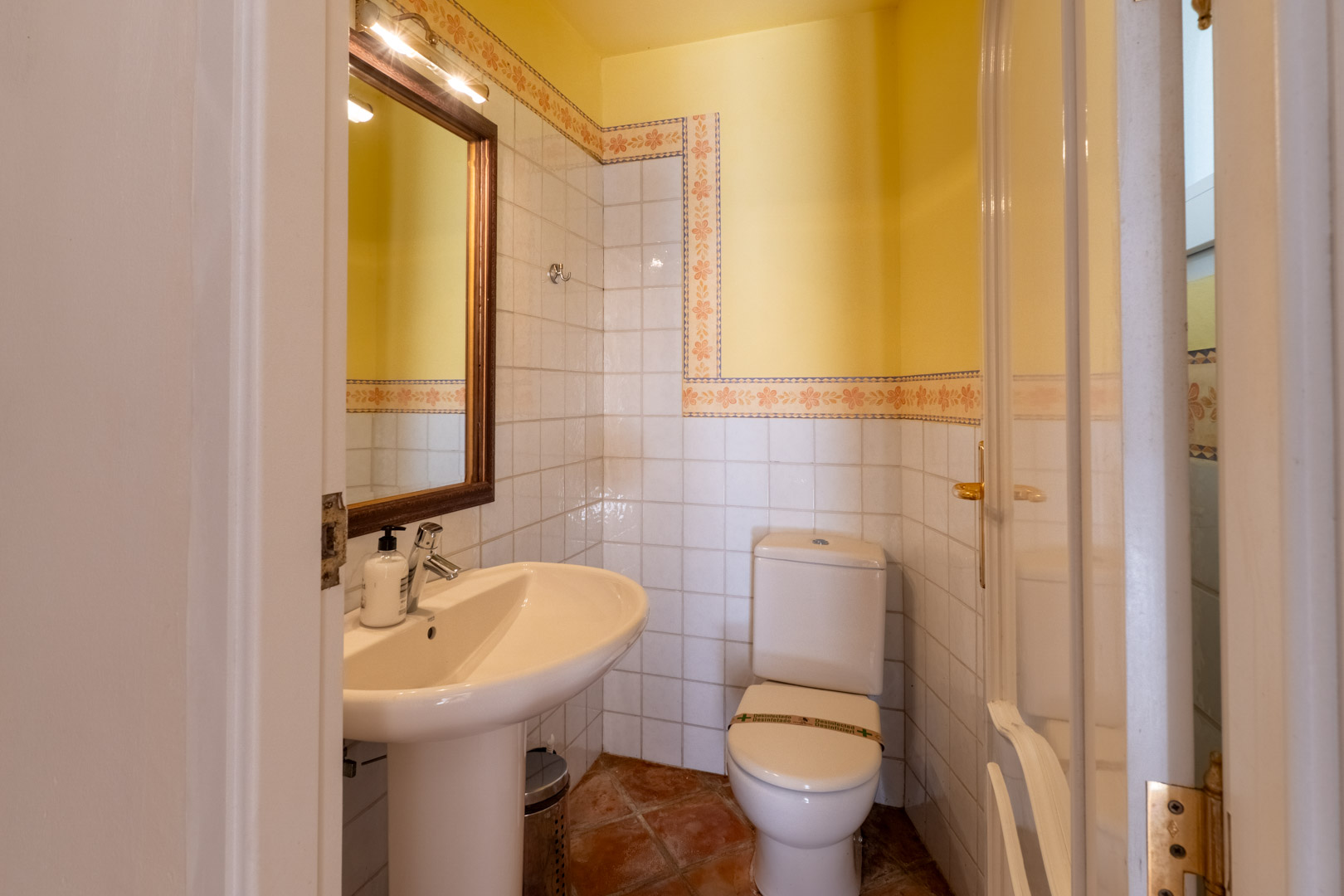 Toilettes invités avec sol en terre cuite, murs carrelés ornés d'une frise florale et lavabo sur colonne sous un miroir à cadre en bois éclairé.
