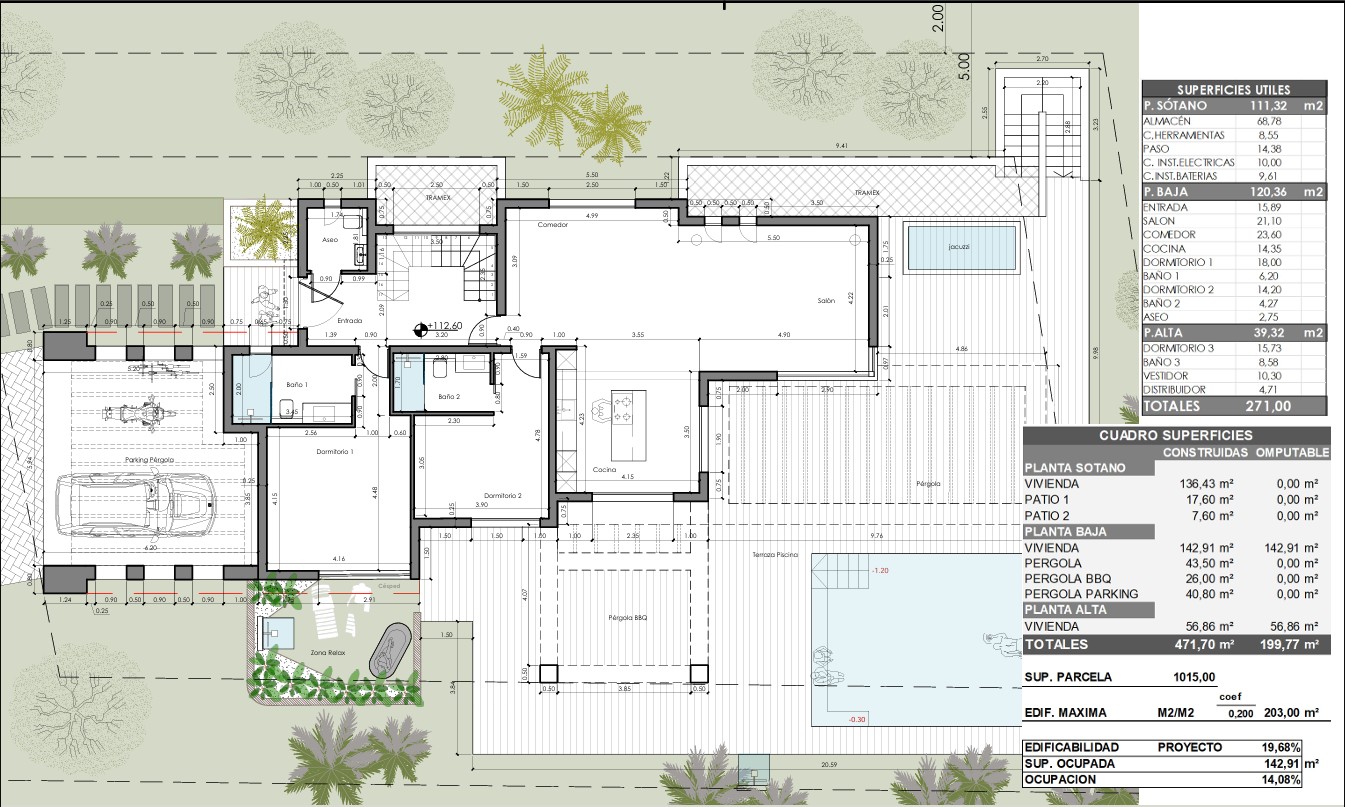 Plan d'architecte détaillé du rez-de-chaussée et des extérieurs, montrant la disposition des chambres, de la cuisine ouverte et de l'espace piscine avec pergolas.