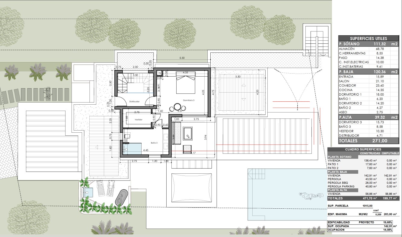 Plan technique de l'étage supérieur détaillant la suite parentale avec dressing, salle de bain privée et terrasse, incluant le tableau des surfaces.