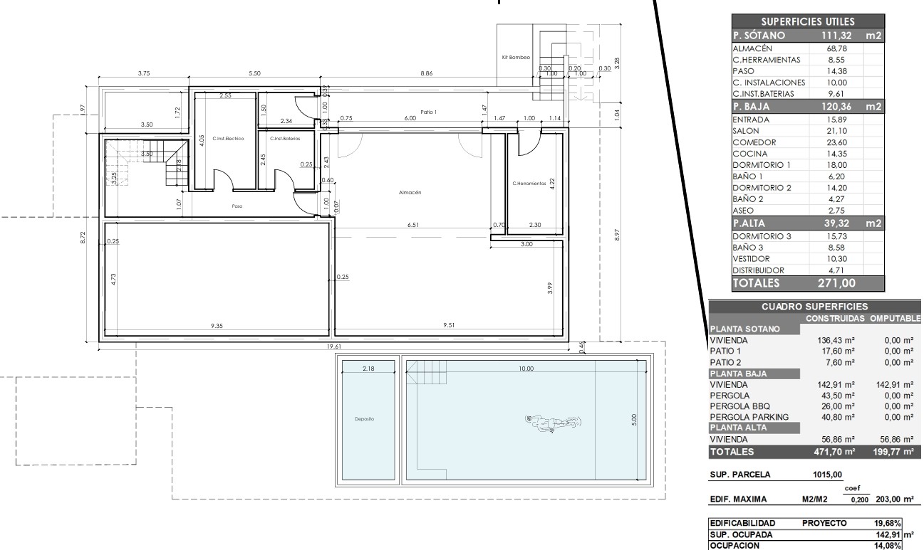 Plan technique détaillé du sous-sol et de la piscine, accompagné de tableaux précisant les surfaces utiles et construites de la villa.