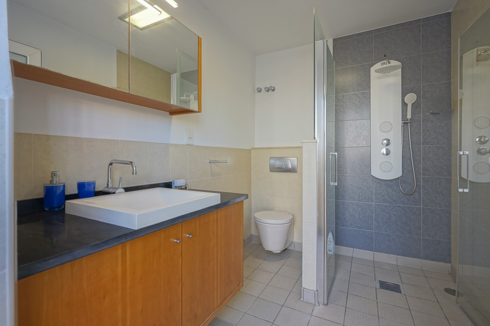 Salle de bains avec meuble en bois, vasque à poser et douche à l'italienne. Elle dispose d'une colonne d'hydromassage, d'une paroi vitrée et d'un carrelage bicolore sobre.