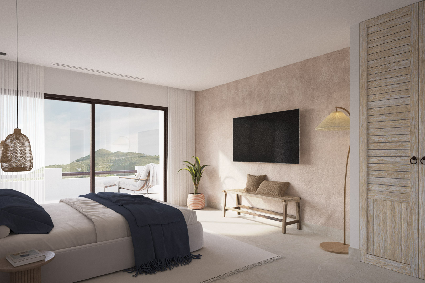 Chambre principale avec mur à la chaux texturé, armoires en bois rustique et accès à une terrasse privée offrant une vue dégagée sur les montagnes environnantes.