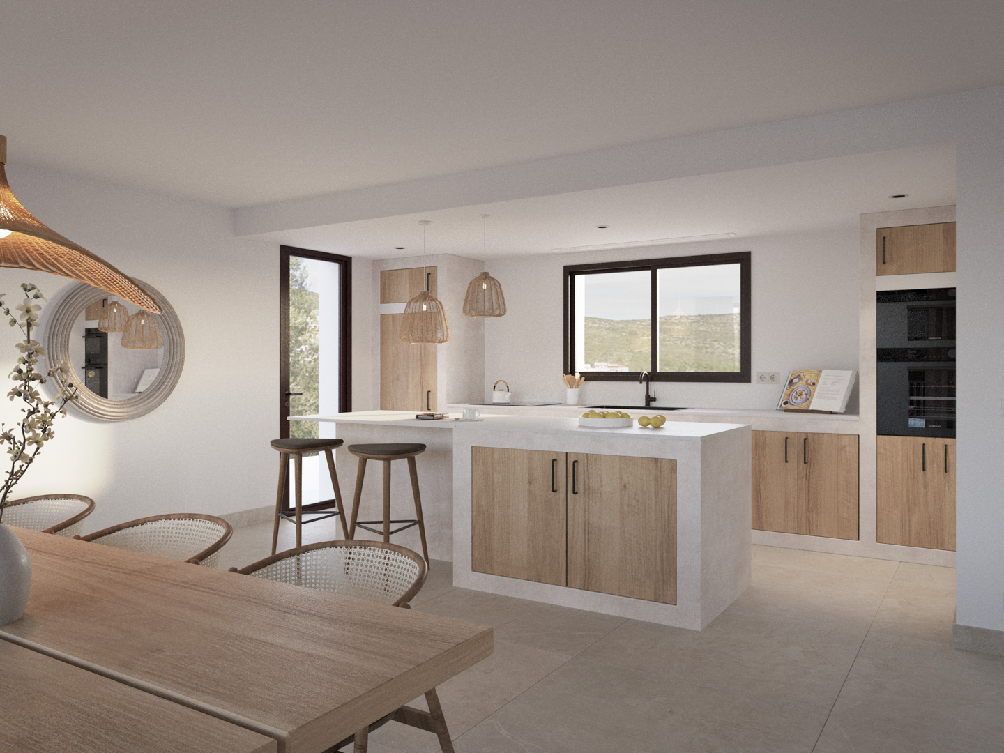 Cuisine ouverte avec îlot central, finitions en bois et électroménagers intégrés. L'espace dispose de suspensions en fibres naturelles et d'une vue sur la vallée.