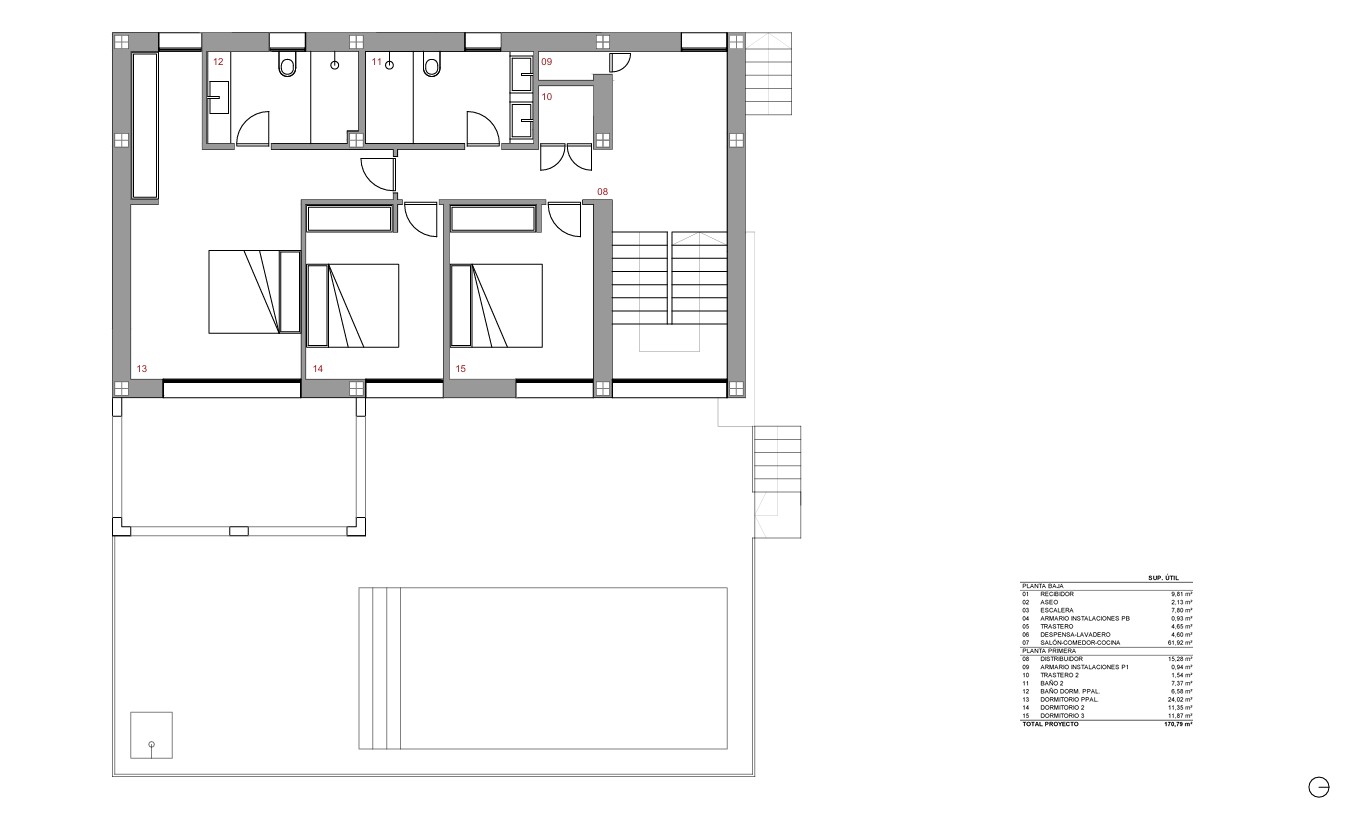 Plan architectural du premier étage présentant trois chambres, deux salles de bains et l'espace extérieur avec terrasse et piscine de 8x4 mètres.