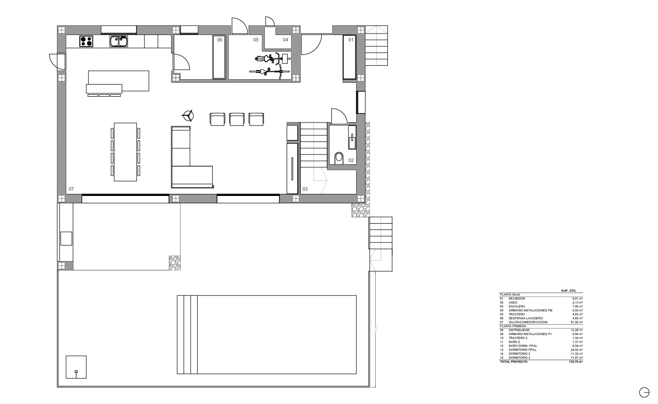 Plan technique du rez-de-chaussée illustrant un vaste séjour avec cuisine ouverte, îlot central, cellier, toilettes invités et accès à la terrasse avec piscine.