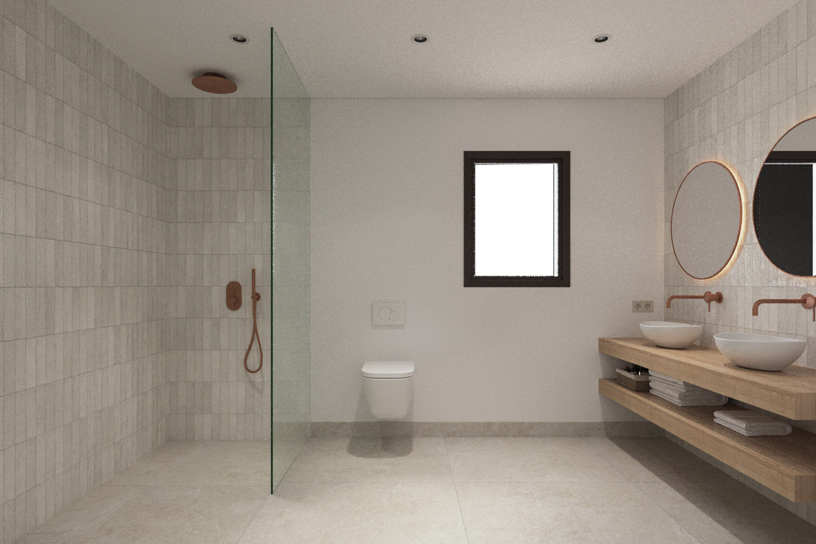 Salle de bain de style ibizien avec douche à l'italienne, robinetterie en cuivre, double vasque sur étagères en bois et miroirs circulaires rétroéclairés.