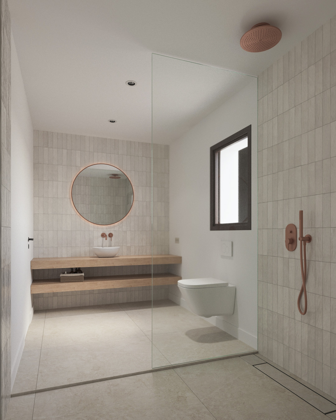 Salle de bains de style ibizien avec plan vasque en bois, robinetterie cuivrée, miroir circulaire rétroéclairé et douche à l'italienne avec paroi en verre fixe.
