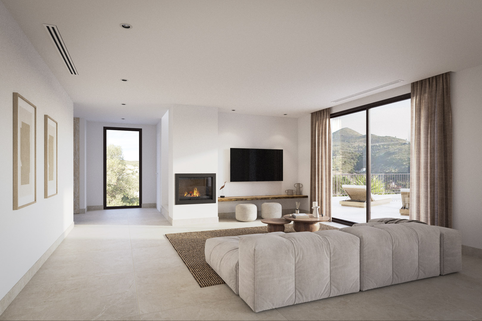 Salon de style contemporain avec cheminée intégrée, carrelage grand format et larges baies vitrées offrant une vue panoramique sur la vallée.