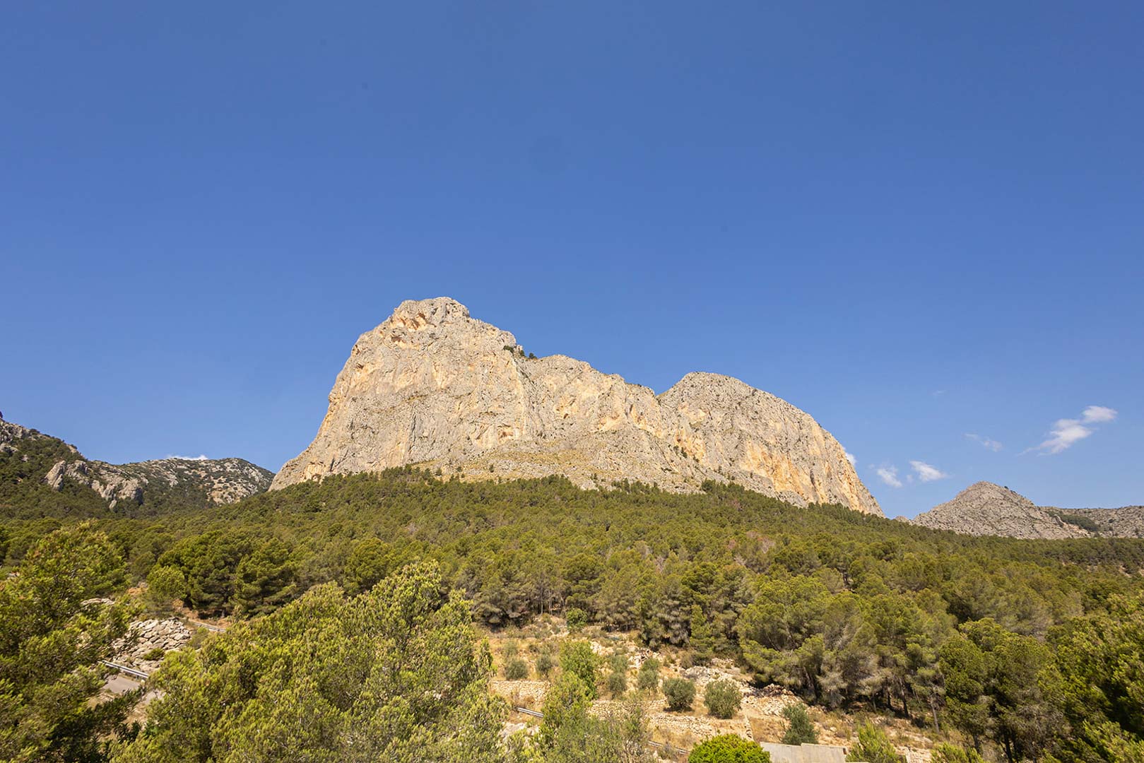 Vues dégagées sur le massif montagneux calcaire et la forêt de pins dense qui entoure la propriété sous un ciel bleu azur.