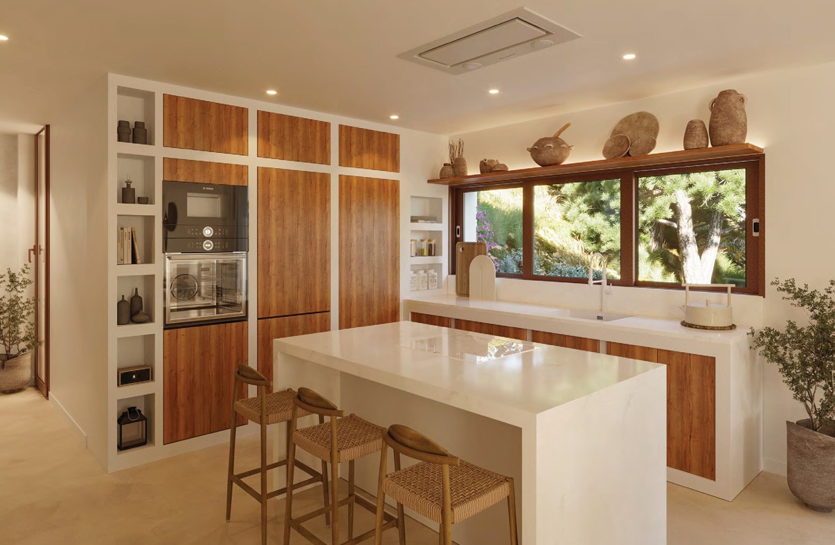 Cuisine moderne avec îlot central, armoires en bois et vue sur le jardin.