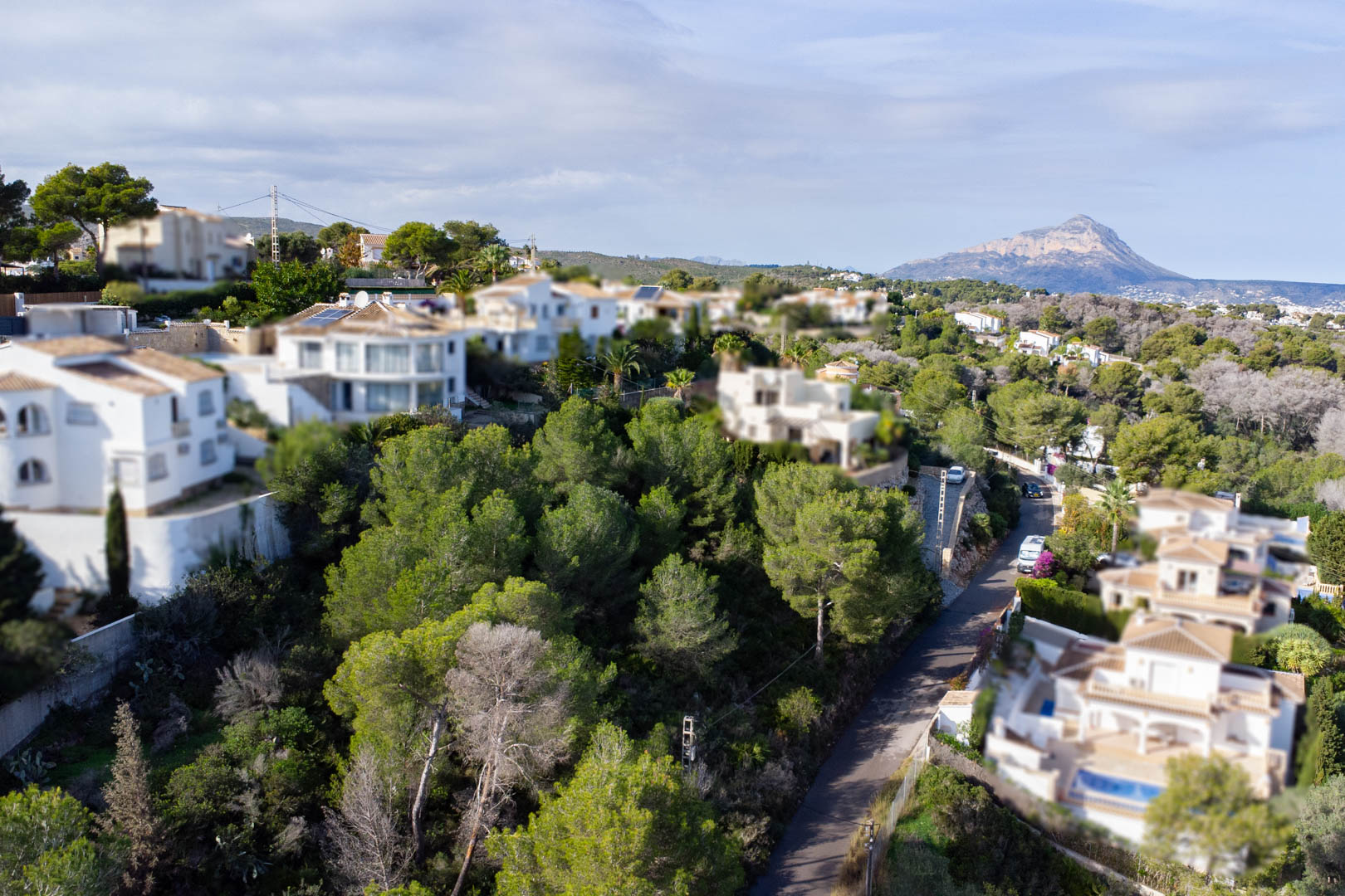 Vue aérienne du terrain boisé en pente, situé dans un quartier résidentiel avec une vue dégagée sur le mont Montgó à l'horizon.