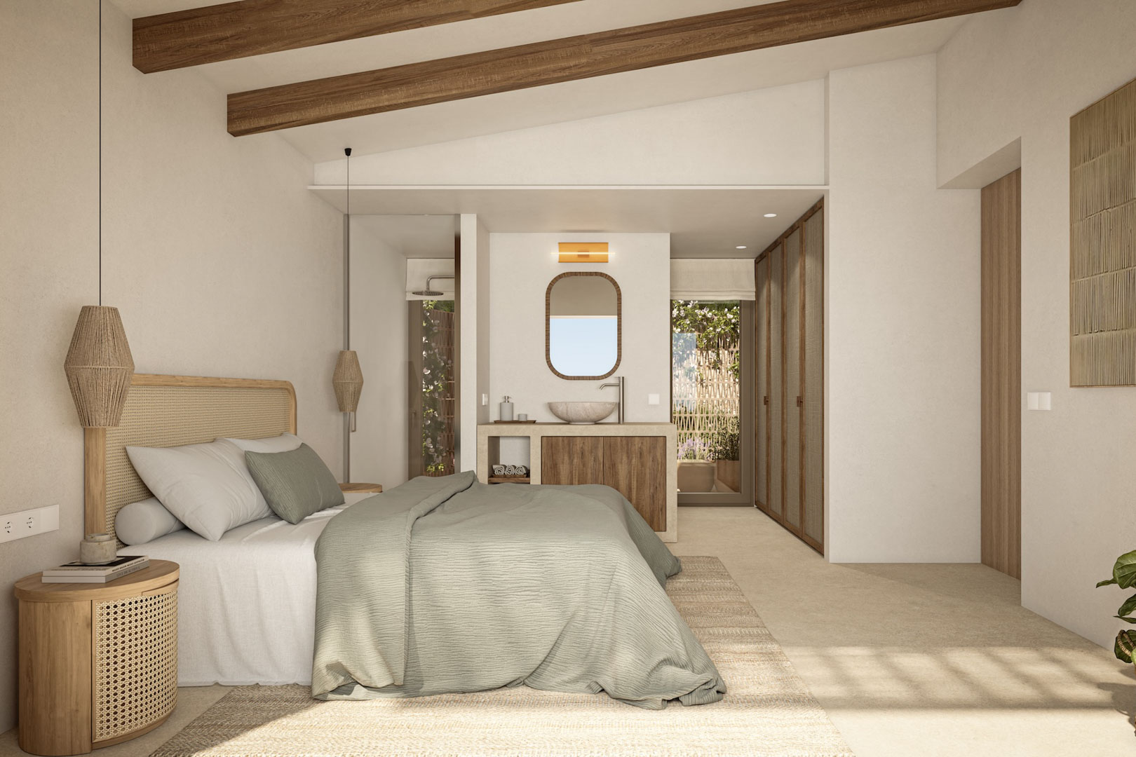 Chambre principale avec poutres en bois, espace vasque intégré en pierre et finitions naturelles en rotin sous un plafond rampant lumineux.