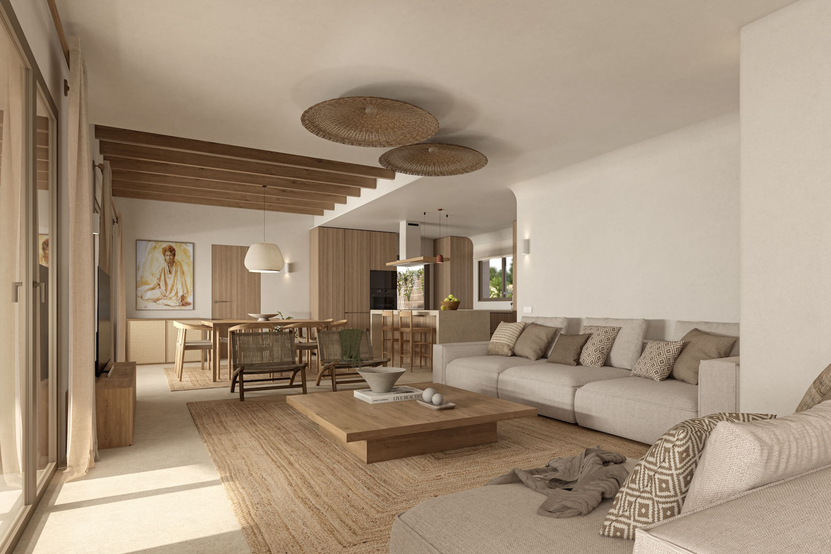 Espace de vie ouvert avec poutres en bois apparentes, mobilier aux tons neutres, tapis en fibres naturelles et cuisine intégrée avec îlot central en bois.