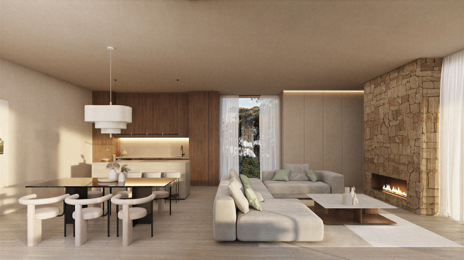 Espace de vie ouvert comprenant un mur en pierre avec cheminée, une cuisine minimaliste en bois et un coin repas avec chaises design et luminaire suspendu.