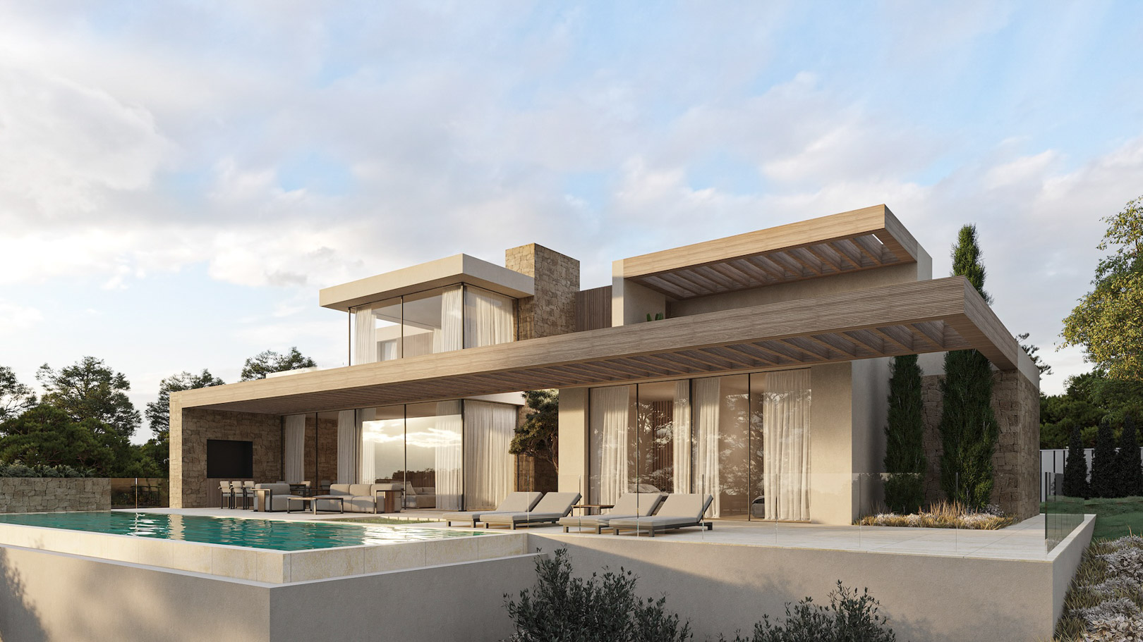 Extérieur de villa moderne avec piscine à débordement, murs en pierre naturelle et pergolas en bois surplombant une terrasse aux larges baies vitrées.